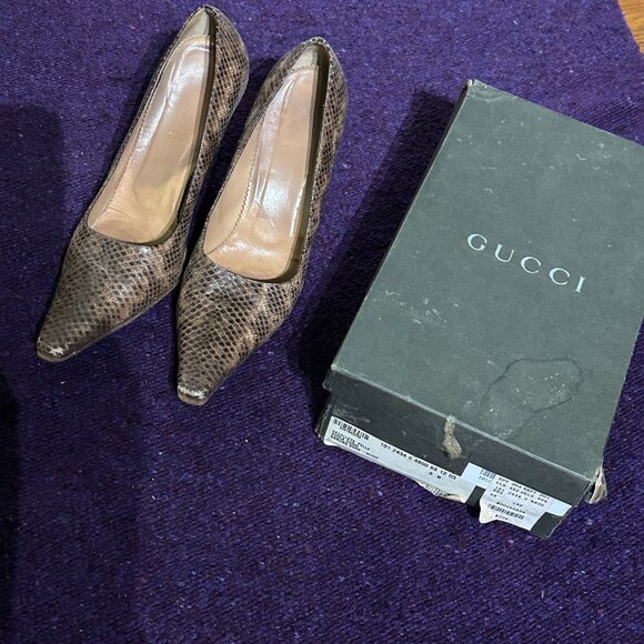 Y2K Gucci Embossed Leather Snakeskin and Wood Medium-heeled Pumps size 8B - Picture 4 of 10